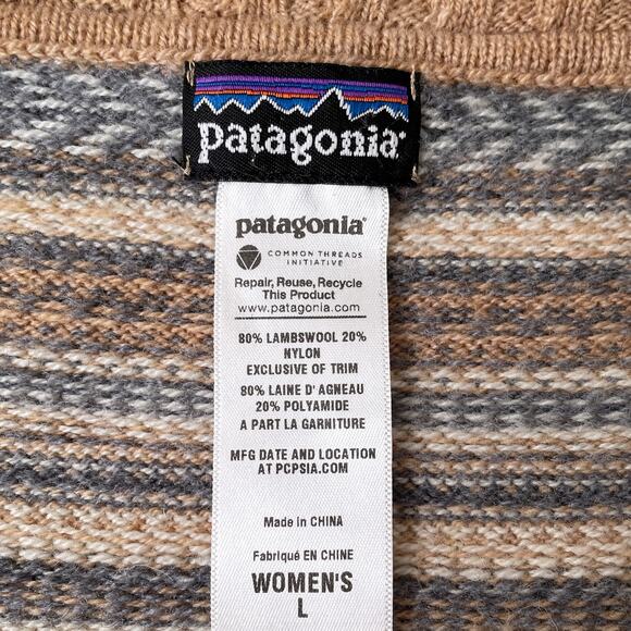 Patagonia Lambswool Scandi Cardigan Sweater L Camel Tan Fair Isle Nordic Boho - Picture 5 of 13